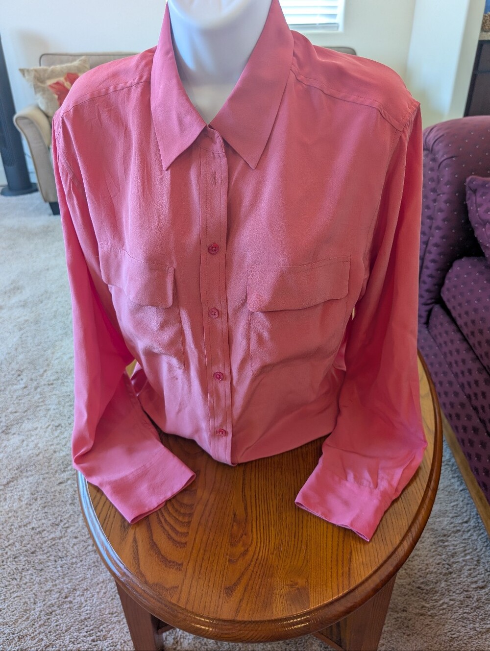 Equipment Silk Pink Button-Front Long Sleeve Blouse, Size S/P